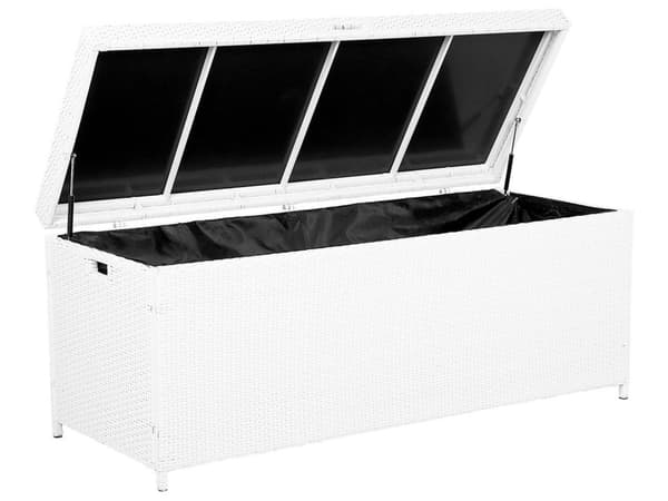 Hyndeboks Hvid Polyrattan 158 x 63 x 66 cm Dekorativ Kæmpe Opbevaringsboks til Hynder og Havepuder Udendørs Terrasse Have Tilbehør