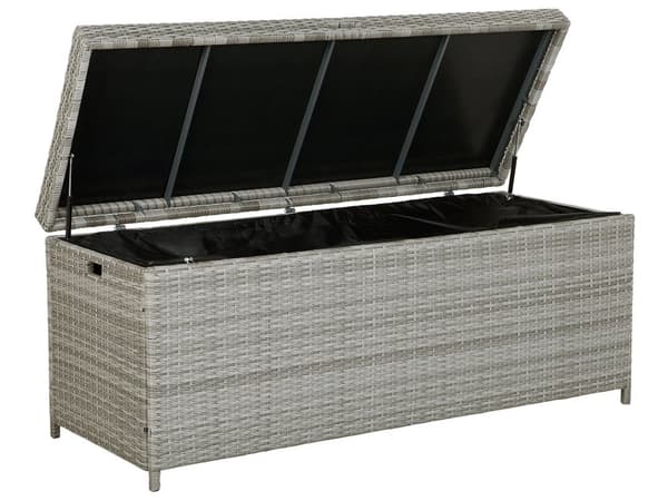 Säilytyslaatikko vaaleanharmaa 158 x 66 x 63 cm PE-rottinki 520L kahvat alumiini kangas