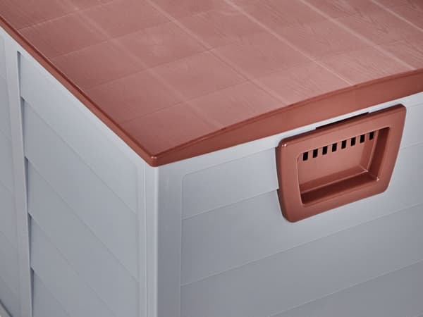 Hageoppbevaringsboks Grå med brun plast 112 x 50 cm med håndtak og hjul Utendørs verktøykasse