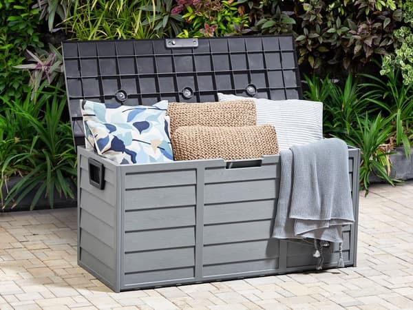 Ulkosäilytyslaatikko harmaa synteettinen materiaali 112 x 50 x 53 cm pyörillä kahvoilla 245 L moderni tyyli