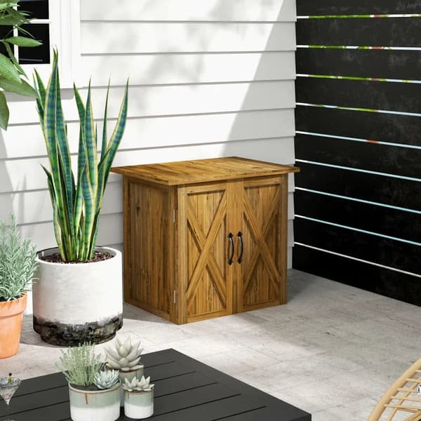 Rootz Haveskur - Dobbeltdør - Magnetiske lukninger - Haveskabe - Vejrbestandig - Naturligt træ - Brun - 77W x 55D x 72H cm