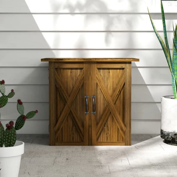 Rootz Haveskur - Dobbeltdør - Magnetiske lukninger - Haveskabe - Vejrbestandig - Naturligt træ - Brun - 77W x 55D x 72H cm