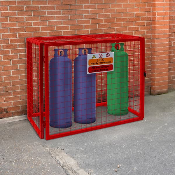 Fällbar gasflaskhållare | RÖD | Optimal säkerhet och ventilation | Slitstarkt stålnät | 2 hänglås med 2 nycklar ingår | Kompakt och vikbar design.