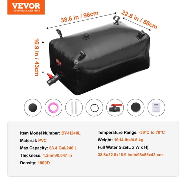 Vattentank, Hållbart PVC-material, Kapacitet 63,4 gallon,240L