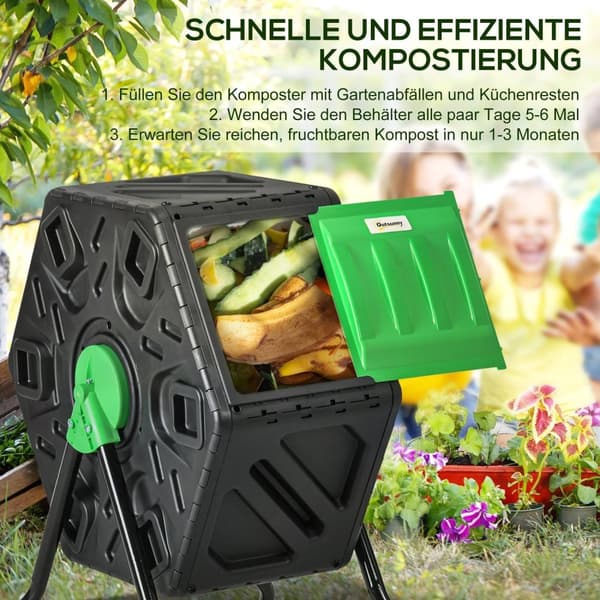 Rootz 65L kompostbeholder - Rotatabel komposter - Termisk kompostbakke - næringsrige kompost - 60x49x77cm - Grøn+sort