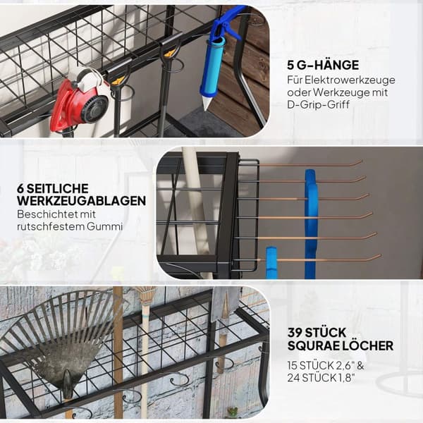 Rootz Garden Tool Storage Frame - Garden Tool Organizer - 3 -trins hylde - Rustresistente metal - 84 cm x 53 cm x 73 cm - Sort