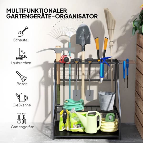 Rootz Garden Tool Storage Frame - Garden Tool Organizer - 3 -trins hylde - Rustresistente metal - 84 cm x 53 cm x 73 cm - Sort