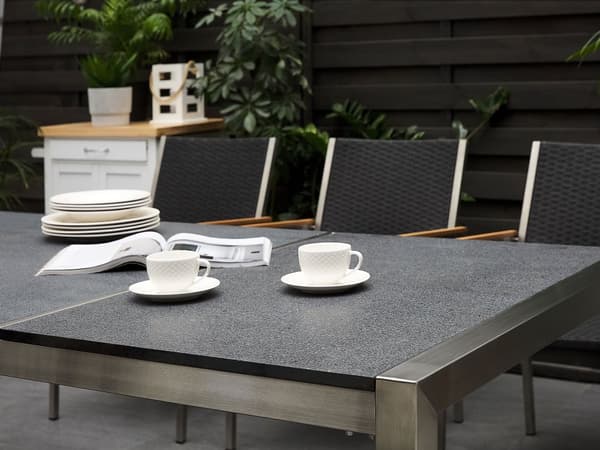 8-sits Utomhus Trädgårdsbord 220 x 100 x 74 cm med Bordsskiva i Grå och Silver Färg och Ben av Rostrfitt Stål