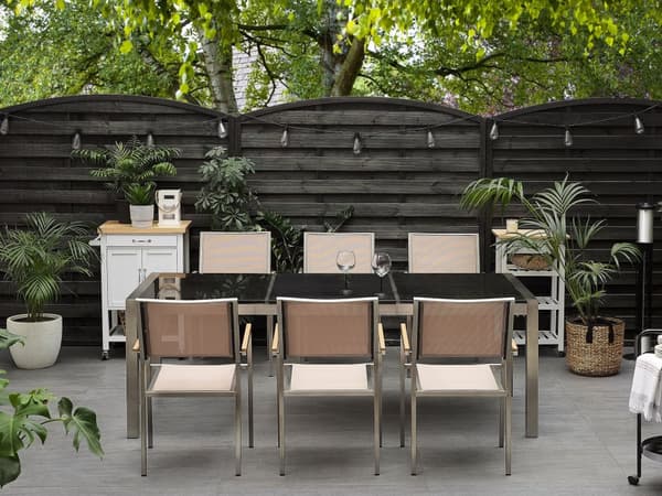 Puutarhapöytä musta 220 x 100 x 74 cm rosteri 3-osainen graniittitaso 8 hengelle