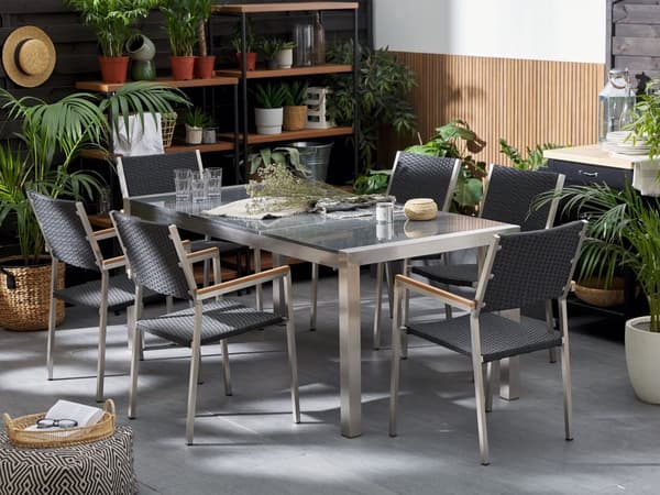Puutarhapöytä harmaa 180 x 90 x 74 cm rosteri 3-osainen graniittitaso 6 hengelle