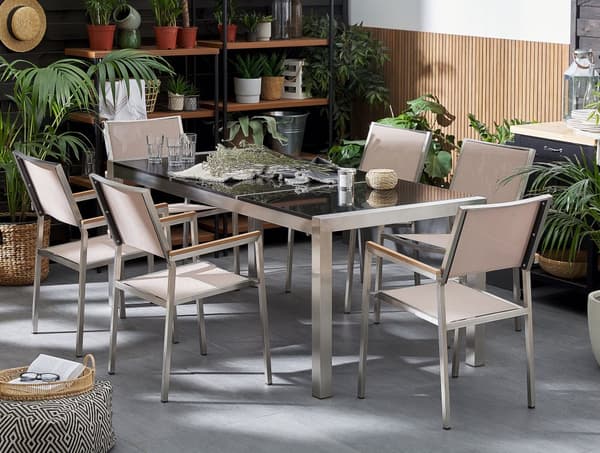 Puutarhapöytä musta 180 x 90 x 74 cm rosteri 3-osainen graniittitaso 6 hengelle