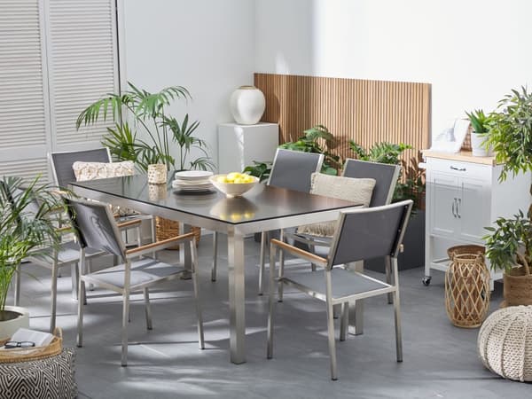 Trädgårdsbord Svart Glas Bordsskiva 180 x 90 cm 6-sits Stålram