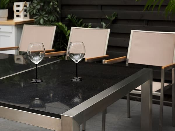 Have Spisebordssæt Sort og Sølv Granitbordplade Stål Ben Udendørs Modstandsdygtig 8 Personers 220 x 100 x 74 cm