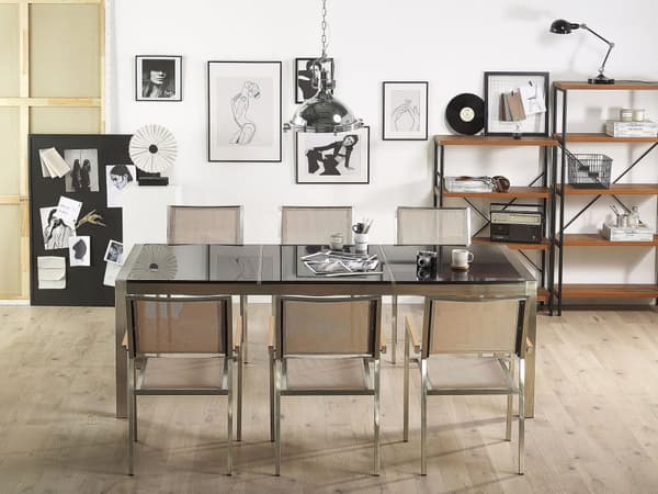 Have Spisebordssæt Sort og Sølv Granitbordplade Stål Ben Udendørs Modstandsdygtig 8 Personers 220 x 100 x 74 cm
