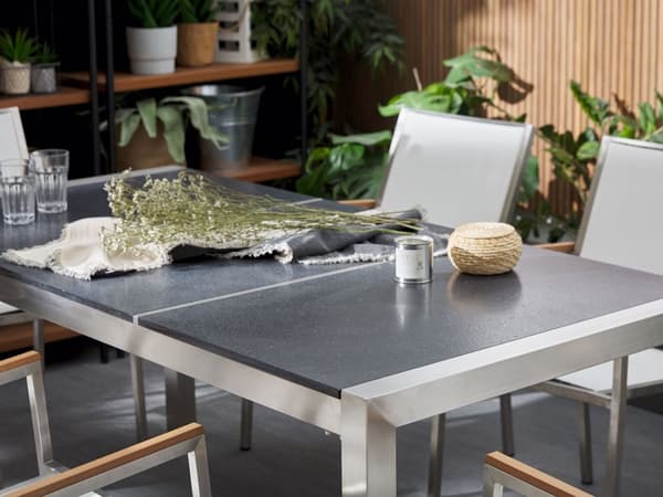 Have Spisebordssæt Grå og Sølv Granitbordplade Stål Ben Udendørs Modstandsdygtig 6 Personers 180 x 90 x 74 cm