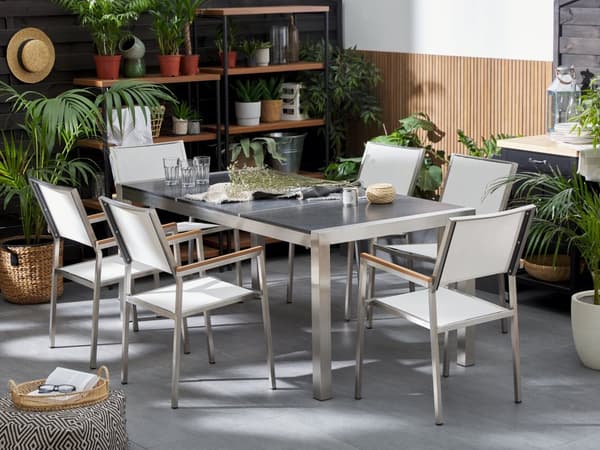 Have Spisebordssæt Grå og Sølv Granitbordplade Stål Ben Udendørs Modstandsdygtig 6 Personers 180 x 90 x 74 cm