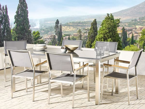 Havespisebord Grå og Sølv Granit Bordplade Rustfri Stål Ben Udendørs Modstandsdygtig 6 Personer 180 x 90 x 74 cm