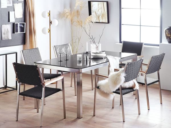 Have Spisebordssæt Sort og Sølv Granitbordplade Stål Ben Udendørs Modstandsdygtig 6 Personers 180 x 90 x 74 cm