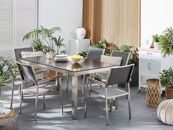 Have Spisebordssæt Sort og Sølv Granitbordplade Stål Ben Udendørs Modstandsdygtig 6 Personers 180 x 90 x 74 cm