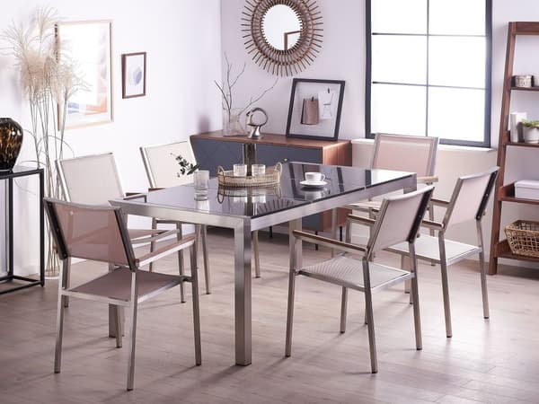 Have Spisebordssæt Sort og Sølv Granitbordplade Stål Ben Udendørs Modstandsdygtig 6 Personers 180 x 90 x 74 cm