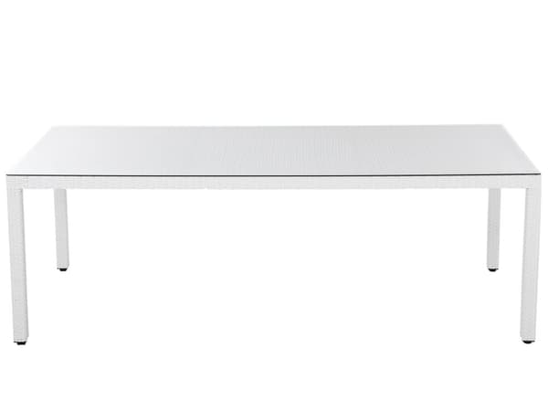 Havespisebord Hvid Imiteret Rattan Plade af Hærdet Glas 220 cm 100 cm 8 Personers Rektangulær