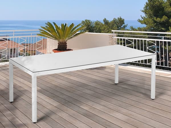 Havespisebord Hvid Imiteret Rattan Plade af Hærdet Glas 220 cm 100 cm 8 Personers Rektangulær