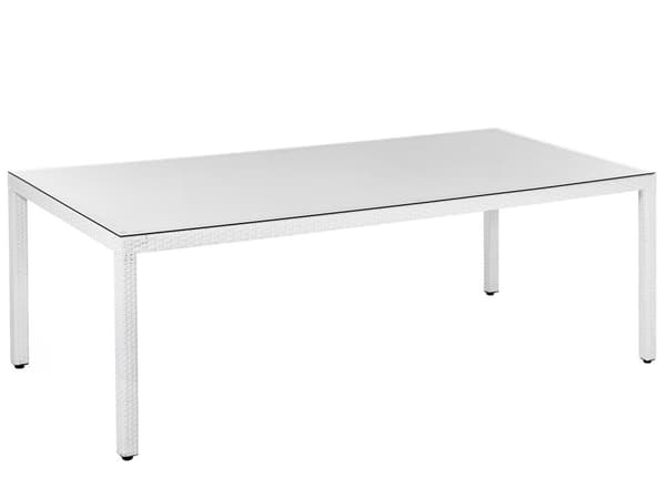 Havespisebord Hvid Imiteret Rattan Plade af Hærdet Glas 220 cm 100 cm 8 Personers Rektangulær