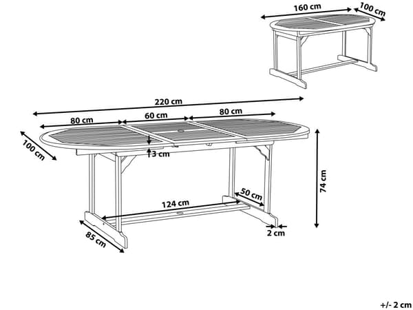 Havebord Lyst Akacietræ 160/220 x 100 cm 8 Personers Udendørs Spisebord Forlænget Rustikt Design Udtræksbord med Hul til Parasol Terrasse