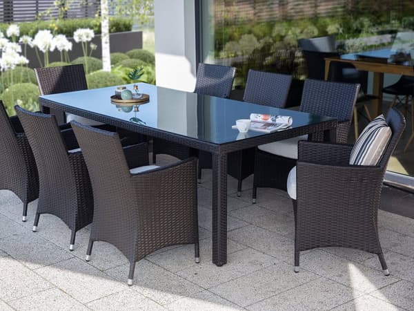Havespisebord Mørkebrun Imiteret Rattan Plade af Hærdet Glas 220 x 100 cm 8 Personers Rektangulær