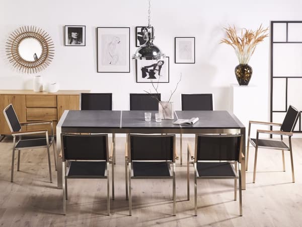 Have Spisebordssæt Grå og Sølv Granitbordplade Stål Ben Udendørs Modstandsdygtig 8 Personers 220 x 100 x 74 cm