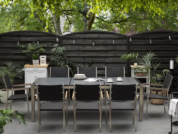 Have Spisebordssæt Grå og Sølv Granitbordplade Stål Ben Udendørs Modstandsdygtig 8 Personers 220 x 100 x 74 cm