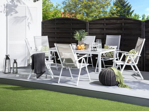Havebord Hvid Aluminium og Grå Hærdet Glas 160 x 91 x 71 cm 6 Personers Rektangulær Spisebord Udendørs Indretning Design Terrasse Tilbehør
