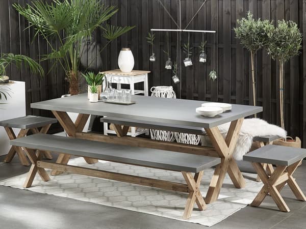 Utomhus Trädgårdsbord i Grå Färg med Bordsskiva i Betong och Ljusbrun Ben av Acaciaträ 8-sits Kapacitet 200 x 100 cm