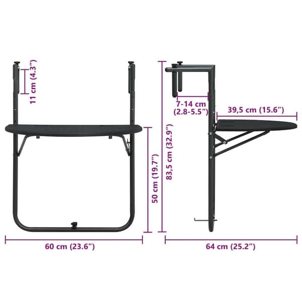 vidaXL Hengende balkongbord svart 60x64x83,5 cm plast rottingutseende