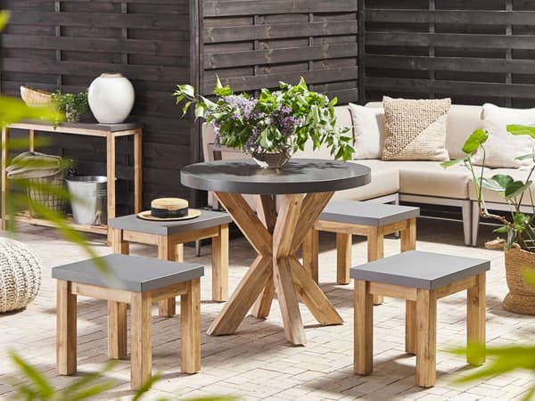 Uteservering Grå Betong Bordsskiva Ljus Träben Acacia 4 Personer Kapacitet Rund ø 90 cm