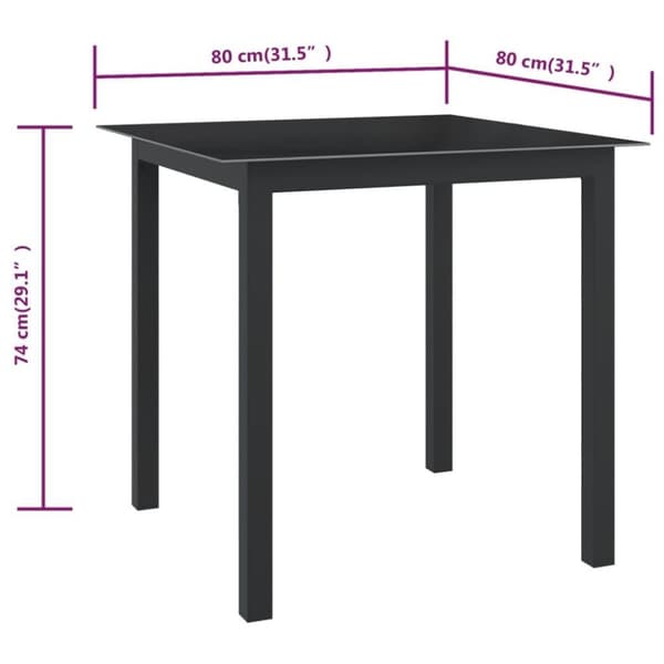 vidaXL havebord 80x80x74 cm glas og aluminium sort