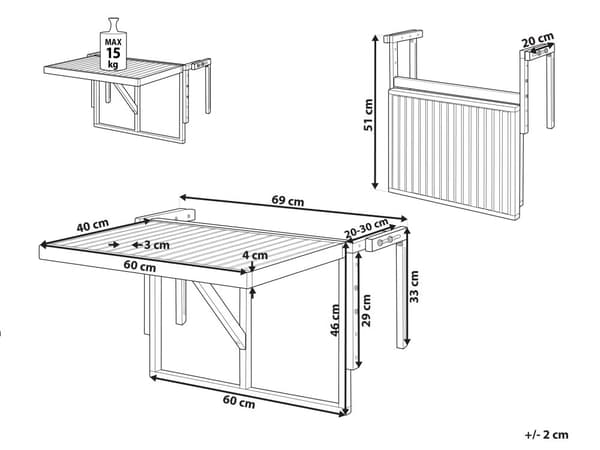 Balkon Hængebord Lys Træ Akacie Folde 60 x 55 cm Udendørs Skinnedæk