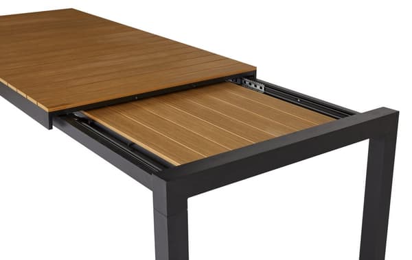Joan hagebord 205-275 x 100 cm, med uttrekk inkl. 1 plate, svart og teak dekor.