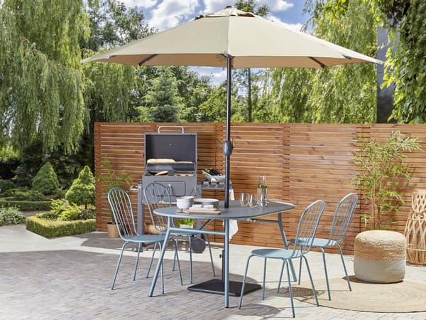Havebord i Blå Metal 160 x 90 cm med Hul til Parasol Moderne Udendørs Lang Oval Bordplade Minimalistisk Terrasse Altan Indretning