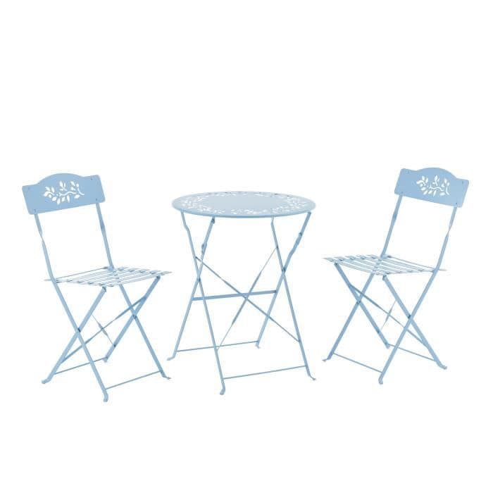 Bistro trädgårdsset för 2 personer - Runt bord med motiv 60 cm + 2 stolar - Pulverlackerat stål - Blå
