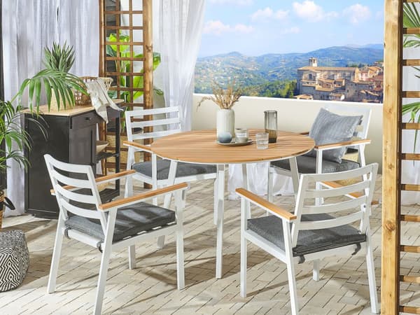 Spisebord Hvit Lyst tre Syntetisk tre Aluminium ø 105 cm Rund form 4 personer Utendørs Utemøbler Hage Terrasse Minimalistisk Moderne