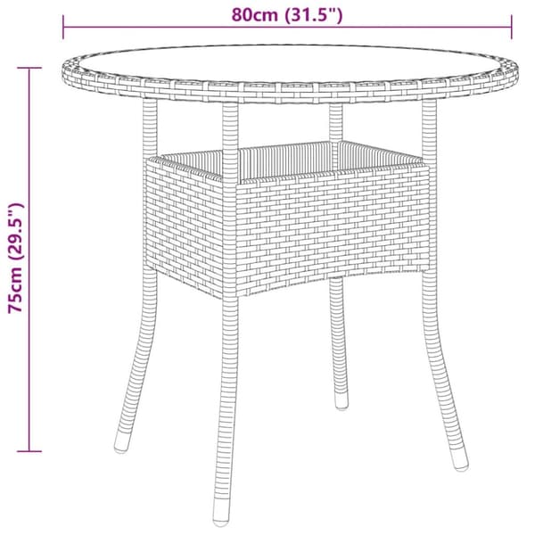 vidaXL Utebord Ø80x75 cm Härdat glas och konstrotting brun
