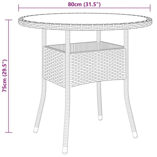 vidaXL Utebord Ø80x75 cm Härdat glas och konstrotting grå