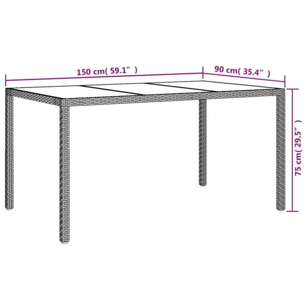 vidaXL havebord 150x90x75 cm hærdet glas og polyrattan grå
