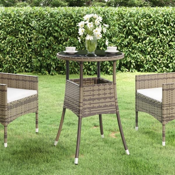 vidaXL havebord Ø60x75 cm hærdet glas og polyrattan grå