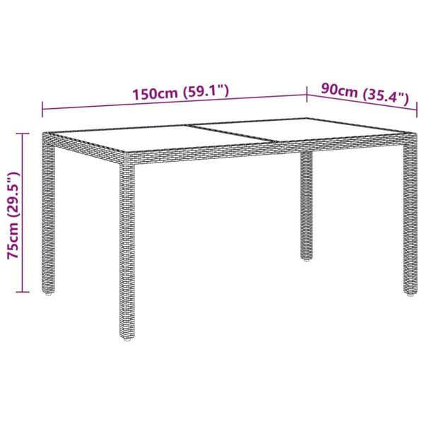 vidaXL havebord 150x90x75 cm hærdet glas og polyrattan beige