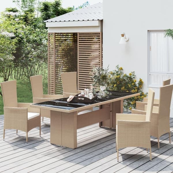 vidaXL havebord med glasbordplade polyrattan og hærdet glas beige