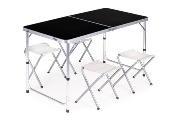 Campingbord - 119,5x60x61,5-69,5 cm - med 4 pallar - svart