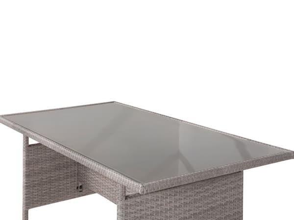 Udendørs spisebord i grå kunstrotting, 145 x 80 cm rektangulær plade i hærdet glas til 4 personer