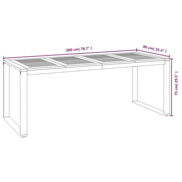 vidaXL Puutarhapöytä U-jaloilla 200x90x75 cm täysi akasiapuu